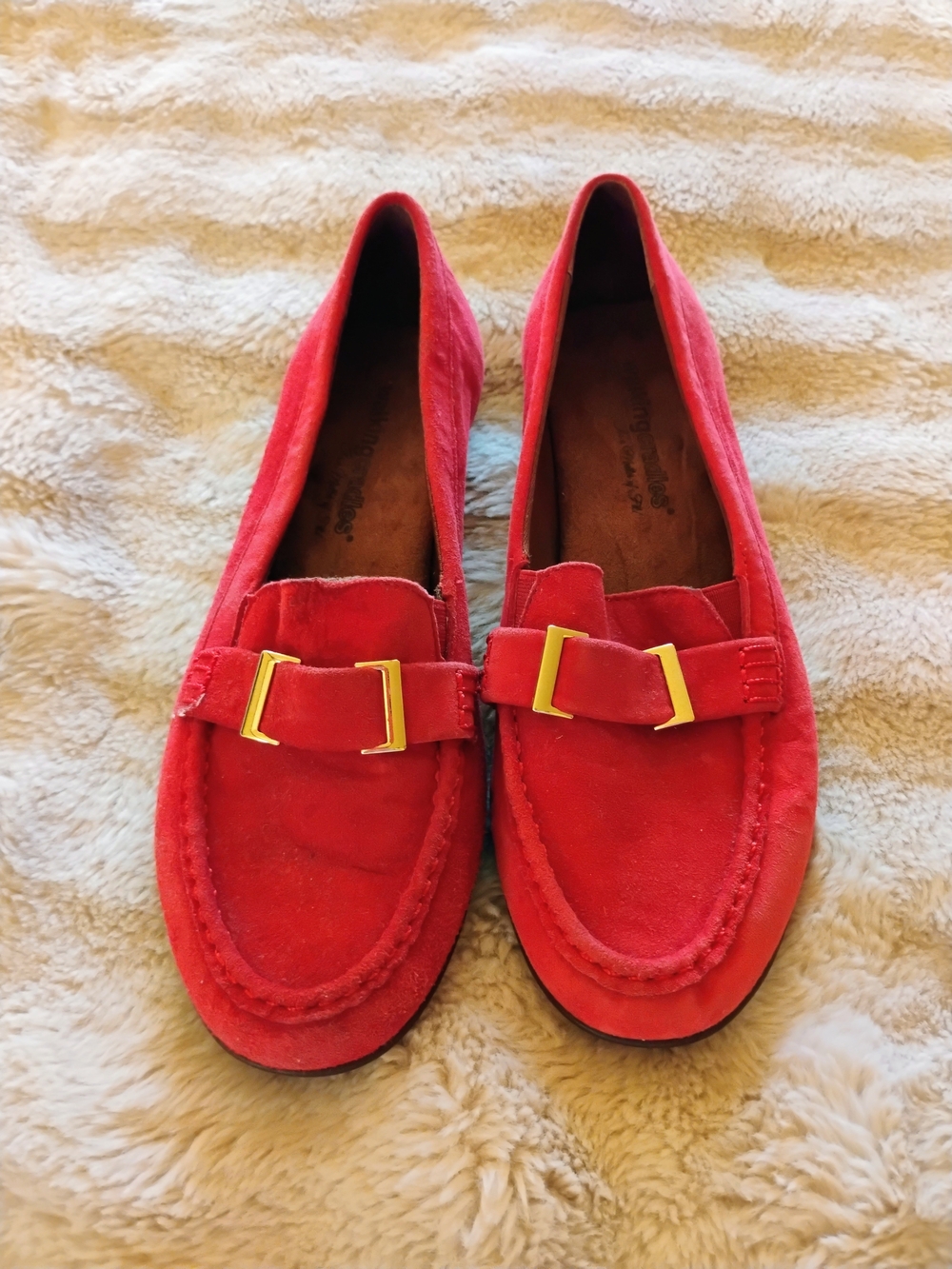 Walking Cradles Red Suede Loafers with Gold Buckle Accent